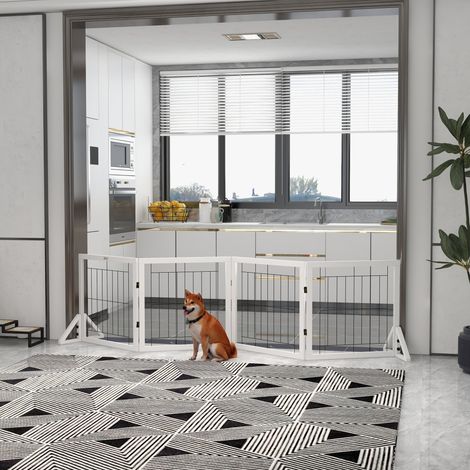 Faltbares Hundegitter, Sicherheitsgitter für Haustiere und Welpen mit 4 Elementen und dreieckigen Füßen, 280 x 70 cm, Weiß