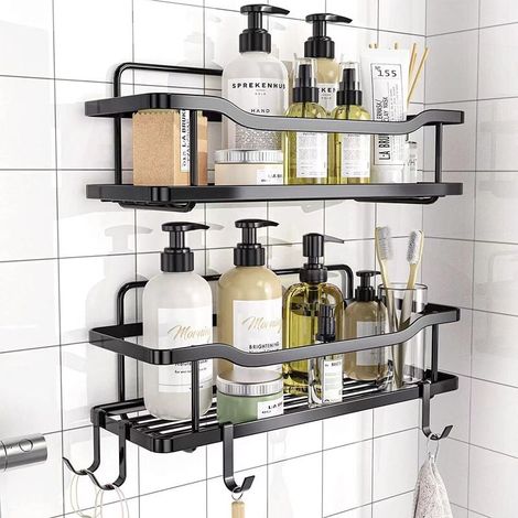 Duschregal 2er-Set – Küchen- oder Badezimmerkorb ohne Bohren – Schwarzes Wandregal für Dusche und Bad mit Zubehörhaken