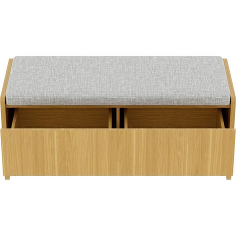 Banc de rangement avec assise, coffre à chaussures, meuble à tiroirs, panneaux latéraux en rotin tressé, 2 tiroirs, teinte naturelle, dimensions 113 x 45,5 x 40 cm (1/5)