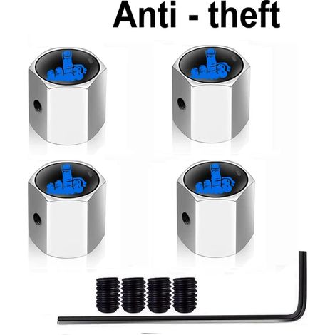 (Doigt-Argent-Bleu) 4 Bouchons de valve antivol pour pneus de voitures, camions et motos. Bouchon de valve en forme de doigt central, joint anti-poussière et verrouillage étanche. (1/5)