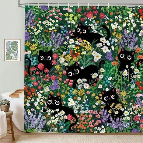 Dessin Animé Rideau de Douche Chat Amusant 180x200cm, Chat Noir Buisson, Tissu Polyester Imper - 5 Chats 180L X 200H cm (1 Panneaux) (1/5)