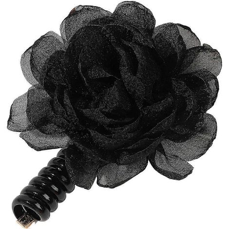 Chouchou en cordon de téléphone orné de fleurs en mousseline. Cordon élastique léger et polyvalent pour un look élégant.-Black (1/5)