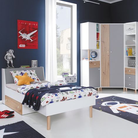 Jugendzimmer Set 4-teilig FAIRFAX-133 mit Jugendbett 90x200cm in weiß mit Eiche und grau (1/5)