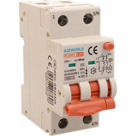 RCBO Interruttore Magnetotermico Differenziale Con Doppia Leva Tipo A Curva C 2P 2M 6000A 30mA, Diagnostica Visiva, C25A  AC 230V IP20 IEC61009-1 PL8M2 GB65325
