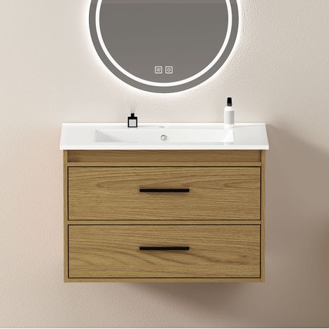 Mueble de baño con lavabo y 2 cajones, 76 x 46,5 x 52 cm, roble claro OKMYHOME (1/5)