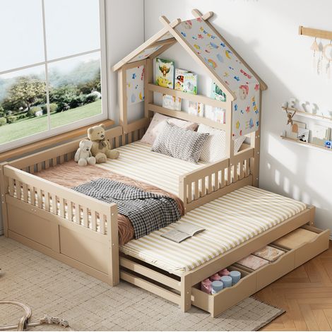 Letto a casetta in legno color crema 140x200 cm con letto estraibile, 3 cassetti, testiera con sponde di sicurezza