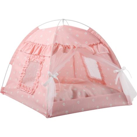 Tente pour chat, rideau de gaze pliable et semi-fermé, nid d'été portable pour chien 35 x 35 x 32 cm, convient aux animaux jusqu'à 1,5 kg, dentelle rose (1/5)