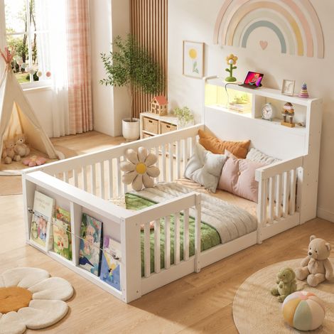 Cama infantil 90 x 190 cm con USB, luz nocturna y almacenaje, blanco OKMYHOME (1/5)