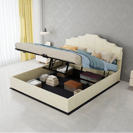 Lit coffre 160x200 cm avec vérin hydraulique, beige HAVRYA (1/5)