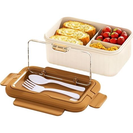 Boîte à lunch bento pour adultes - Avec cuillère et fourchette - 1100 ml - Format parfait pour repas en déplacement - Kaki - Boîte repas (1/5)