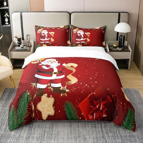 Joyeux Noël 100% Coton Housse de Couette 200x200cm Literie Set père Noël imprimé Literie Collection Motif Parure de lit Ensemble Rouge - 200 x 200 cm + 2 taies d'oreiller 65 x 65 cm (1/5)