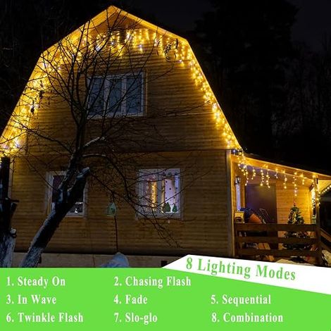 Guirlande Stalactite Exterieur, 5M 216 LED Guirlande Rideau Lumineux, IP67 Imperméable Guirlande Lumineuse Décoration 8 Modes Jardin, Balcon, Fenêtre, Gouttière, Maison, Garde-corps (1/3)