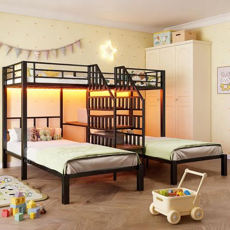 Lit superposé enfant triple,métal Lit mezzanine 390x200cm,avec LED,échelle intégrée rangemens,2 USB+1 prise,bureau,étagère,sans matelas,Noir (1/5)