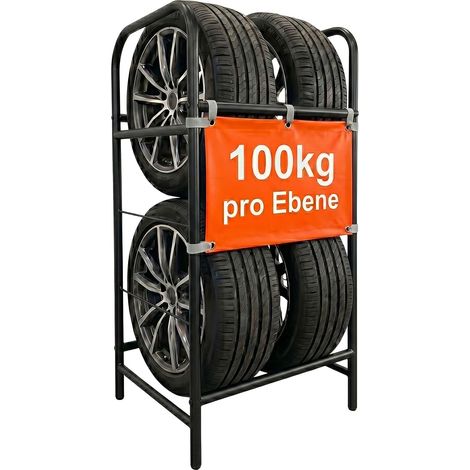 Relaxdays Reifenregal für 4 Reifen, HxBxT: 106 x 53 x 46 cm, 200 kg, Stahl, 2 Ebenen, Räderregal, Reifenlager, schwarz