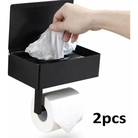 Toilettenpapierhalter mit Feuchttücherbox Edelstahl Klopapierhalter Wandhalterung Rollenhalter für WC Badezimmer Küche Schwarz(2pcs) (1/4)