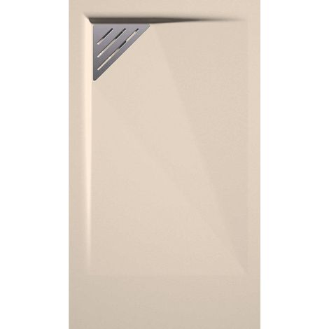 Mineralguss-Duschwanne extra flach TRINITY in CREME 90x100 cm Ablaufschutz in Chrom Ablauf linksbündig