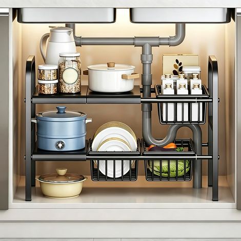 Organiseur sous évier extensible à 2 niveaux(noir, 3 paniers) (1/5)
