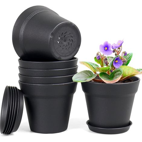 6er Set 17.8cm Blumentopf mit Untersetzer Hydrokultur Topf Schwarz (1/5)