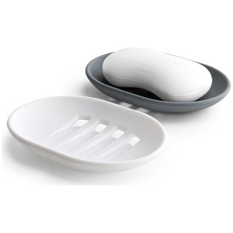 Lot de 2 Porte Savon en Silicone avec Drainage, Boite Savon Antidérapant et Portable, Porte Savon Salle de Bain, Douche, Cuisine (Gris et Blanc) (1/5)