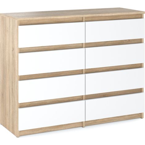 Commode enfant 120 cm – Chêne Sonoma – 8 tiroirs – Guidage à billes – Finition blanche mate – Rangement optimisé (1/5)