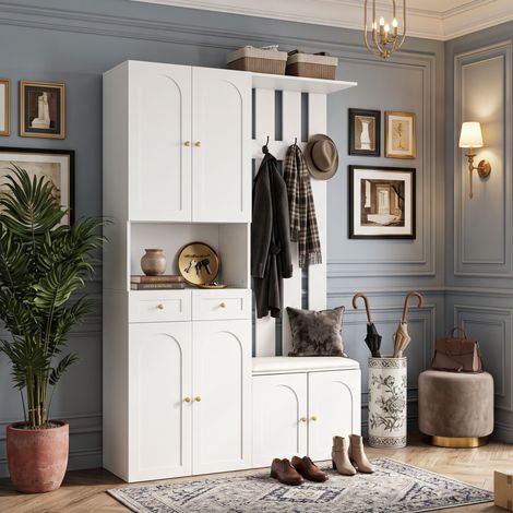 Creahappy Vestiaire d'Entrée 110x37x180 cm - Meuble Banc à Chaussures Gain de Place - Style Moderne - 6 Portes 2 Tiroirs Blanc (1/5)