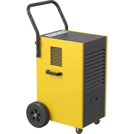 Déshumidificateur commercial 70 L/jour, tuyau drainage continu, minuterie 24h, réservoir 5,5 L, roulettes, poignée, jaune