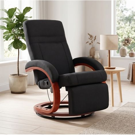 Fauteuil relax inclinable pivotant 360° avec repose-pieds, lin noir et base en eucalyptus (1/5)