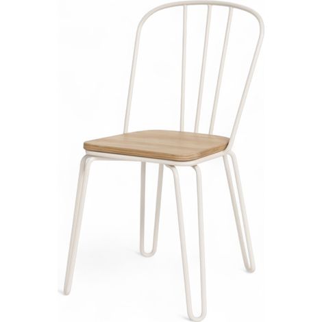 Sedia in metallo bianco opaco in stile industriale con seduta in legno chiaro e gambe a forcina.