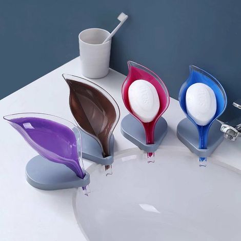 4pcs Boîte à savon en forme de feuille, plateau de rangement en Silicone porte-savon vaisselle, ventouse, boîte en plastique antidérapante de Drainage, fournitures de salle de bain (1/5)