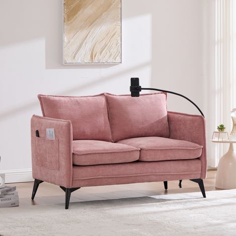 Canapé 2 places compact en tissu avec poche de rangement latérale et support téléphone réglable, idéal salon, chambre ou balcon,Rose