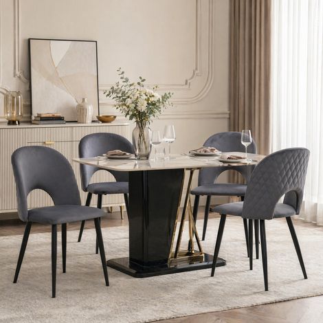 Esszimmerstuhl (4 St), Polsterstuhl Design Stuhl mit Rückenlehne,Sitzfläche aus Samt Gestell aus Metall,Verstellbare Füße,Diamantmuster auf der Rückseite,Grau (1/5)