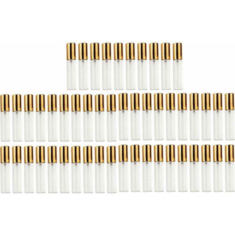 Lot de 50 flacons vaporisateurs de parfum de 10 ml, rechargeables, en verre, vides et portables, couleur or, parfaits pour les voyages et les sorties. (1/5)
