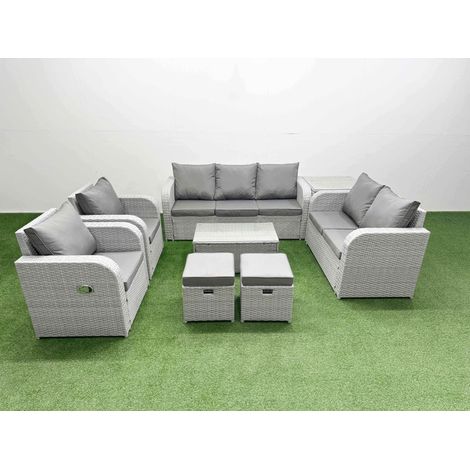 Fimous PE Rattan Garden Furniture Set Adjustable Chair Sofa Double Love Seat 2 Seater Sofa Lounge Set Oblong Coffee Table 2 Stools Side Table Light Grey (1/4)