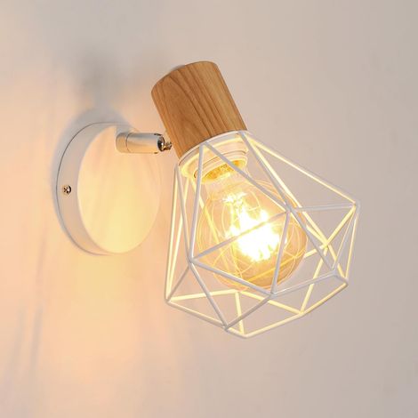 COMELY Applique Murale Industrielle Vintage, Lampe Murale 350° Rotative en Bois, Lampe Cage E27 en Métal et Fer pour Chambre Couloir Salon, Max 60W, Blanc(Ampoule non Incluse) (1/5)