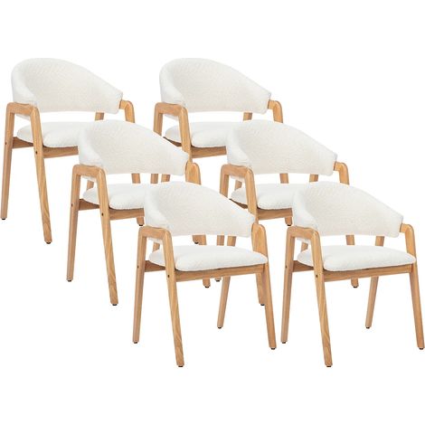 Vente-Unique – Lot de 6 chaises avec accoudoirs en tissu bouclette – Piètement en bois d'hévéa – Confort optimal pour salle à manger – Blanc et naturel