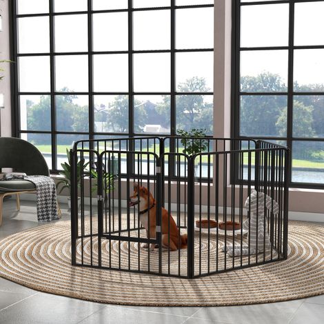 Enclos modulaire en acier à 6 panneaux pour chien, utilisable en intérieur et en extérieur. 164 x 83 x 80 cm. Noir.