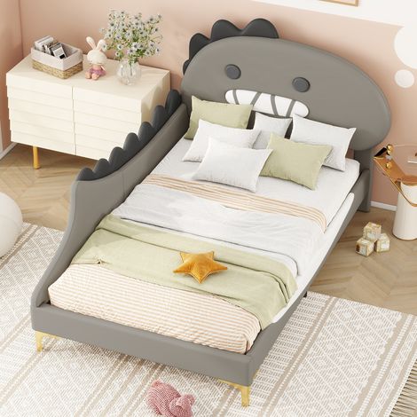 Letto per bambini in PU grigio 90x200 cm con testiera a dinosauro, rete a doghe inclusa