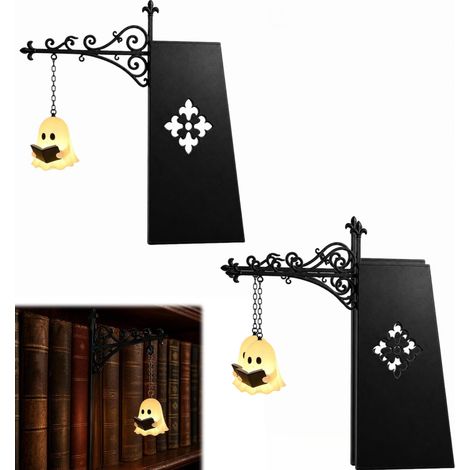 Lot de 2 serre‑livres décoratifs fantôme lisant, lampe suspendue LED lumière chaude, alimentation piles boutons pour bibliothèque Halloween (1/5)
