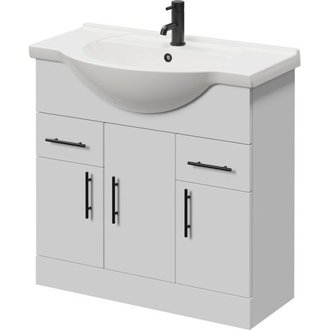 Alexander James Gloss White 850mm 3 Door Vanity Unit - 850mm - Matt Black 96mm Bar Handle