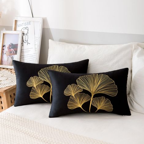 Lot de 2 Housse de Coussin Canapé 30x50cm Housse Coussin Noir La grâce Luxueux Velours Housses de Coussin Salon Housses Coussin Ginkgo Biloba Taie d'oreiller pour Jardin Canapé Lit Voiture (1/5)