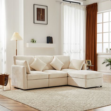 Canapé d’angle en L convertible en canapé 3 places, modulable, avec pouf mobile et 4 coussins en chenille, idéal pour le salon, l’appartement et le bureau, beige, avec vidéo [old sku:N653P97713A] (1/5)
