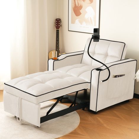 Canapé lit 1 place,extensible 3 en 1 avec porte-gobelets et support pour téléphone, canapé inclinable,chaise de couchage, fauteuil,83 x 167 x 76 cm,parfait pour les petits espaces,Beige (1/5)