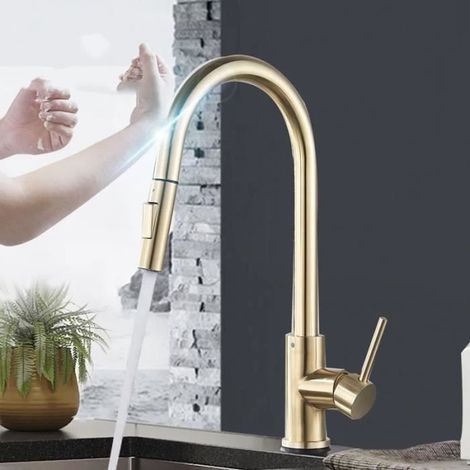 1 Robinet de cuisine, Mitigeur sans contact, Douchette extensible, Rotation 360°, 2 modes, Eau chaude et froide