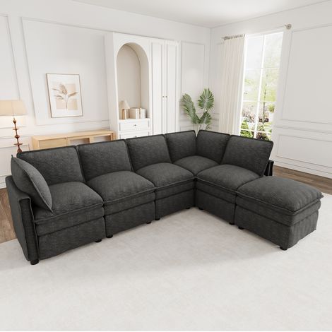 Sofá modular XXL 344 x 127 x 91 cm con función cama, 6 a 7 plazas, chenilla gris HAVRYA (1/5)