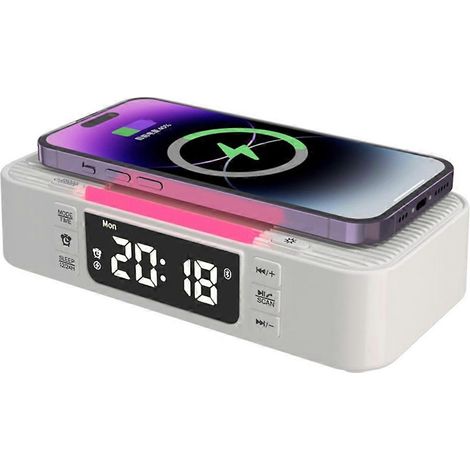 Station de recharge sans fil 9 en 1 avec haut-parleur Bluetooth, réveil, radio FM et veilleuse (1/4)