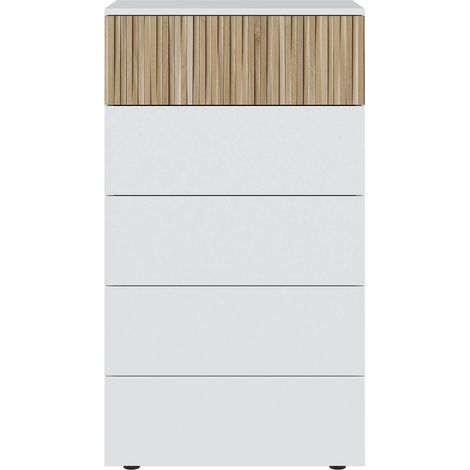 Chiffonnier, meuble de rangement avec 5 tiroirs coloris blanc artic, naturel - longueur 61 x hauteur 109 x profondeur 40 cm