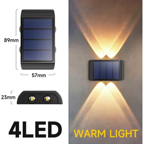 (4 LED - lumière chaude) Applique solaire murale extérieure 4 LED, 6 LED ou 8 LED, lumière chaude, étanche, éclairage vers le haut et vers le bas, décoration pour balcon, cour ou jardin (1/5)