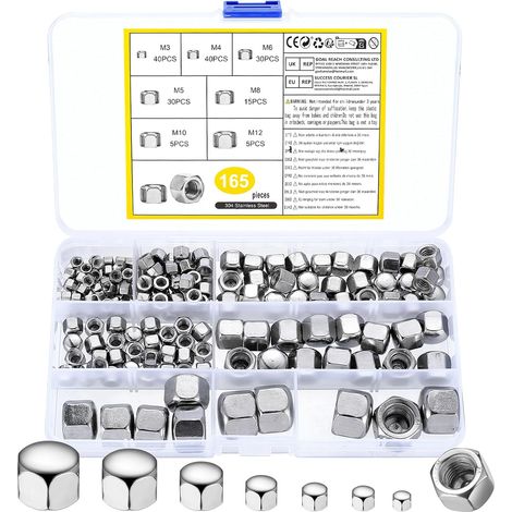 165 Pcs Écrous Borgnes en Acier Inox A2 V2A Forme Haute, Ecrou Borgne Inox, Ecrous Borgne Hexagonal, Écrous Borgne M3 M4 M5 M6 M8 M10 M12 Hexagonaux pour Boulons Vis Tiges Filetées (1/5)