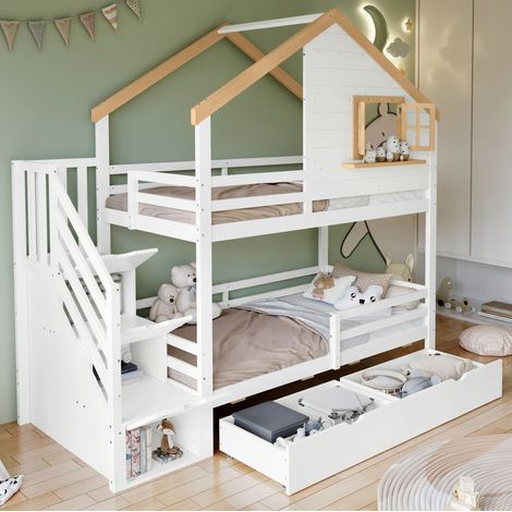 letto contenitore 90x200 casetta con cassetti bianco HAVRYA (1/5)