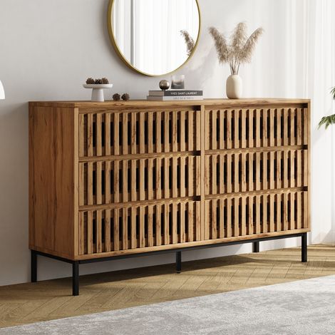 Buffet moderne, commode avec 6 tiroirs, armoire de rangement, buffet étroit avec 5 pieds de support, meuble pour salon, chambre, couloir, restaurant, cuisine, couleur bois, 120x40x81 cm (1/5)